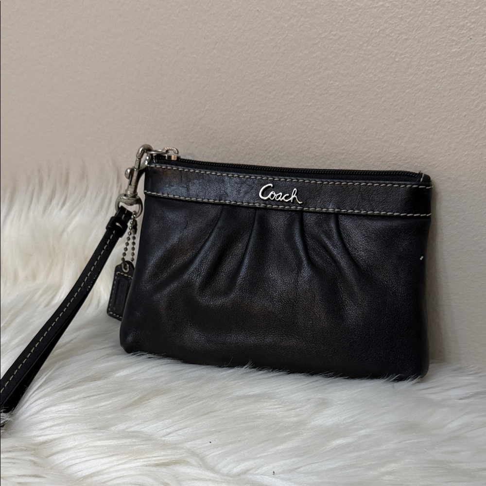 Coach Black Leather Wristlet with Contrast Stitching